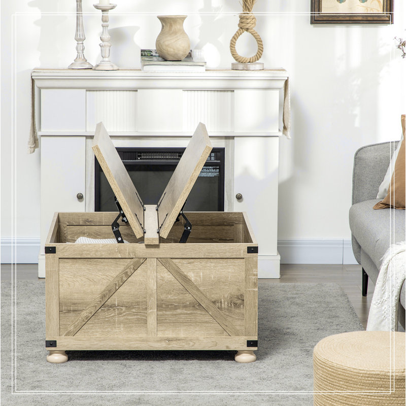 Gracie Oaks HOMCOM Farmhouse Coffee Table with Storage Square Coffee Table for Living Room Wooden Table Wayfair